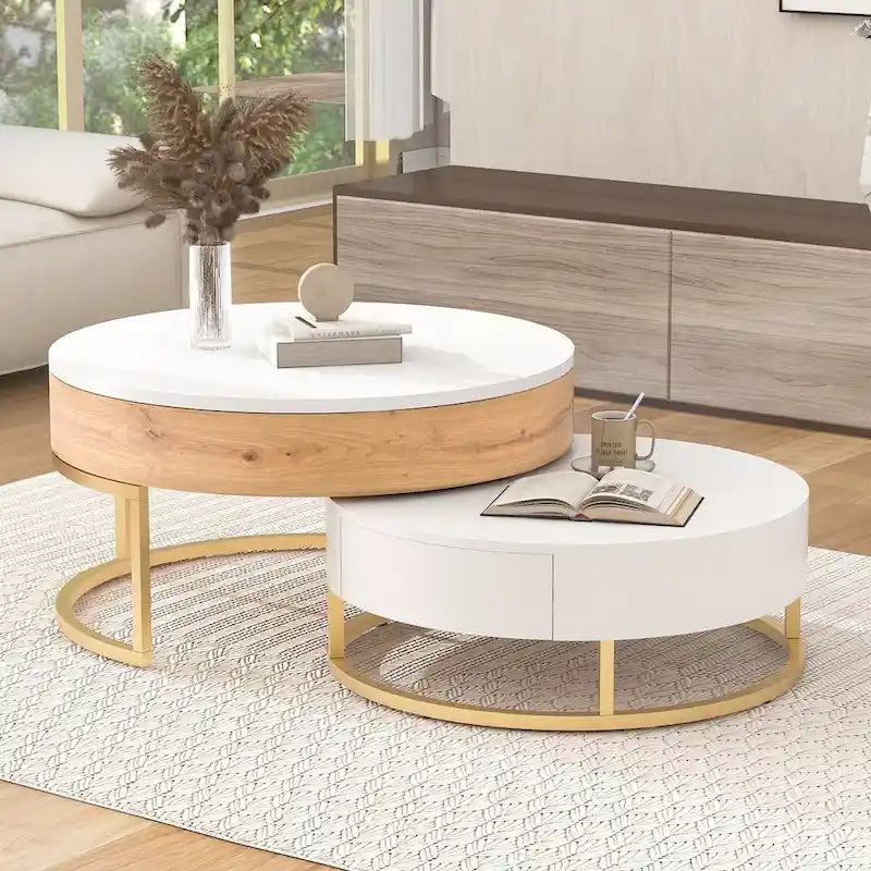 Modern Round Lift-top Nesting Coffee Tables with 2 Drawers
