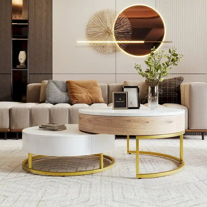 Modern Round Lift-top Nesting Coffee Tables with 2 Drawers