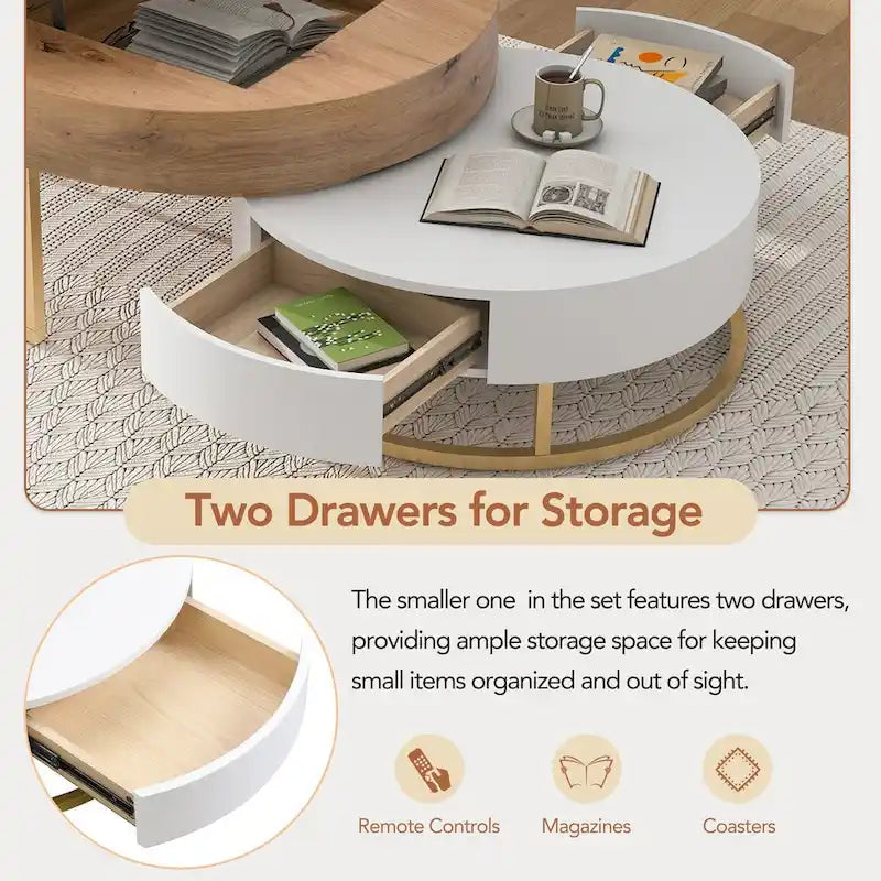 Modern Round Lift-top Nesting Coffee Tables with 2 Drawers