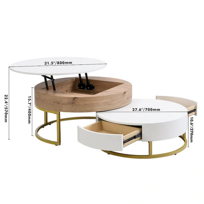 Modern Round Lift-top Nesting Coffee Tables with 2 Drawers