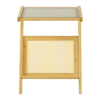 Bamboo Glass Top End Table, Accent Side Table w/ Storage Rack