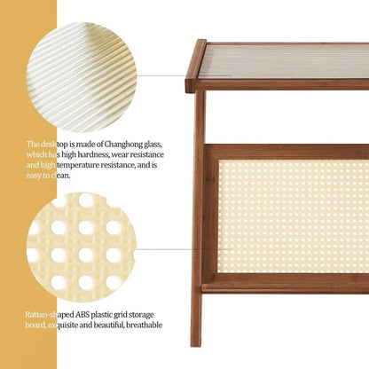 Bamboo Glass Top End Table, Accent Side Table w/ Storage Rack