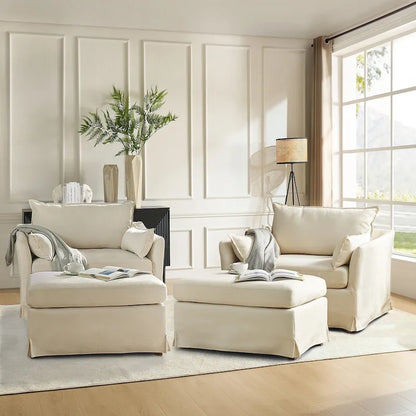 Sophie Modern Oversized Slipcovered Armchair with Ottoman and Lockable Rear Wheels Set of 2 by HULALA HOME