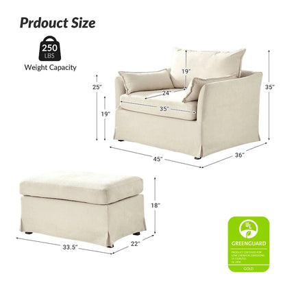 Sophie Modern Oversized Slipcovered Armchair with Ottoman and Lockable Rear Wheels Set of 2 by HULALA HOME