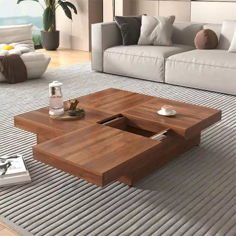 Square Marble Veneer Coffee Table Sliding Top with Storage