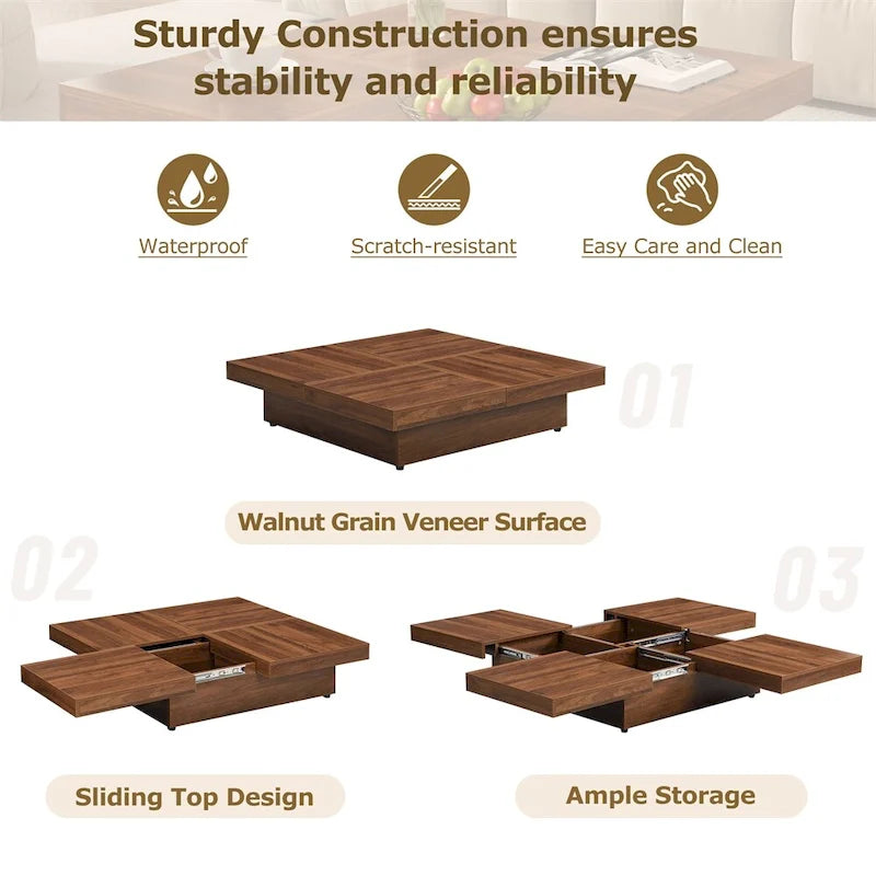 Square Marble Veneer Coffee Table Sliding Top with Storage