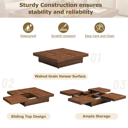 Square Marble Veneer Coffee Table Sliding Top with Storage