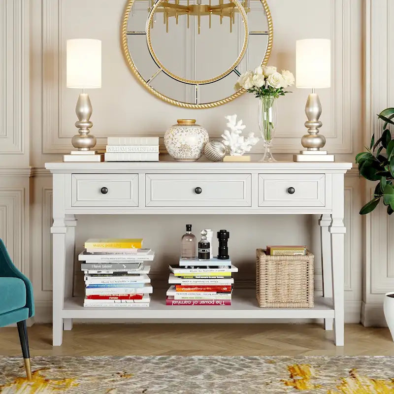 Classic Console Table with 3 Top Drawers and Open Style Bottom Shelf