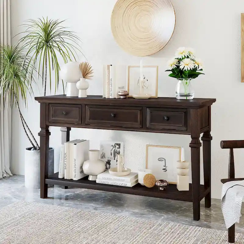 Classic Console Table with 3 Top Drawers and Open Style Bottom Shelf