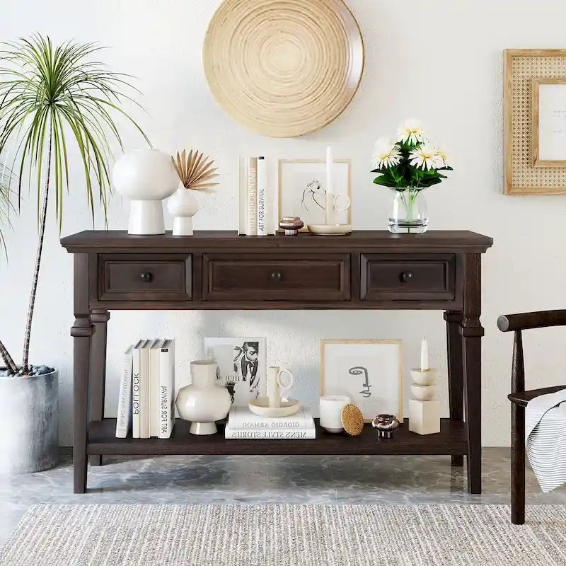 Classic Console Table with 3 Top Drawers and Open Style Bottom Shelf