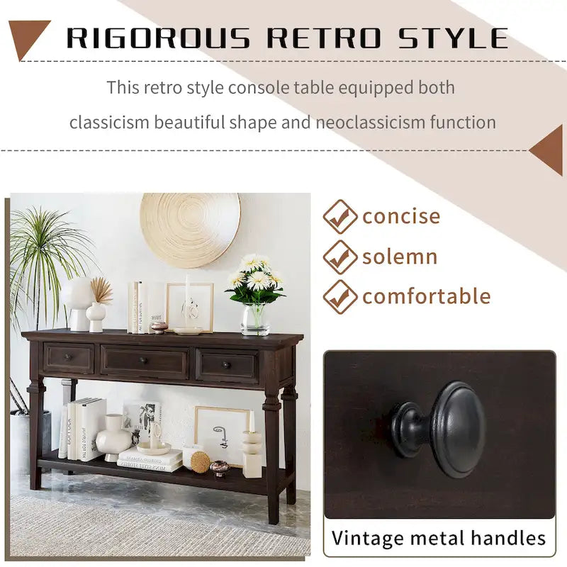 Classic Console Table with 3 Top Drawers and Open Style Bottom Shelf