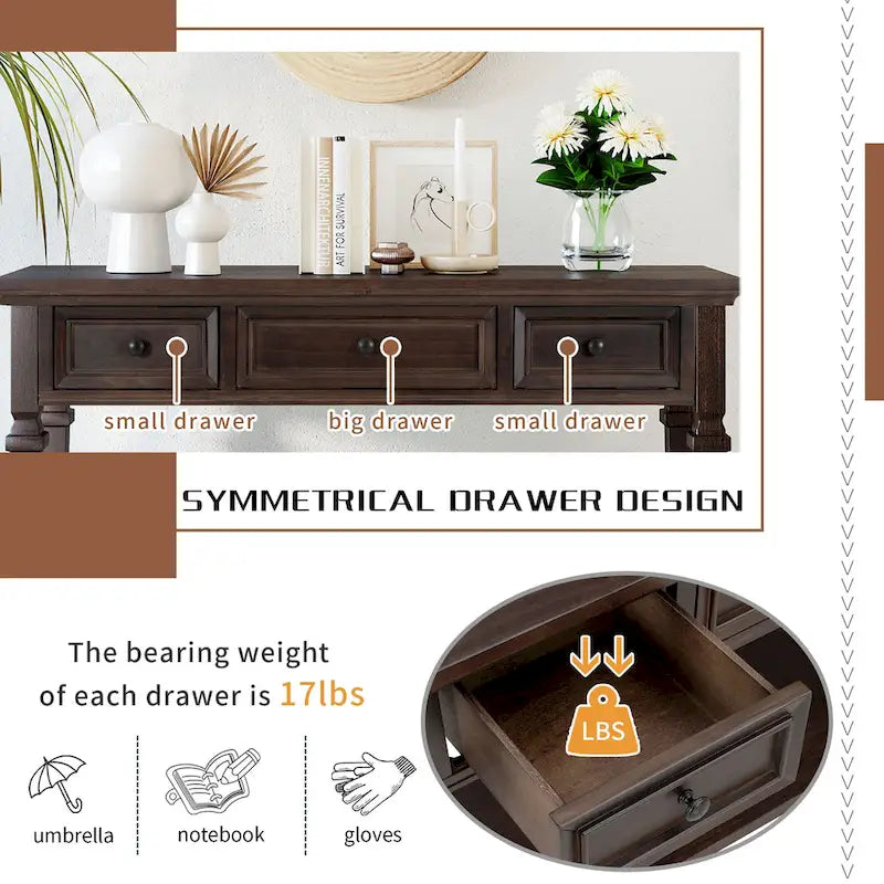 Classic Console Table with 3 Top Drawers and Open Style Bottom Shelf
