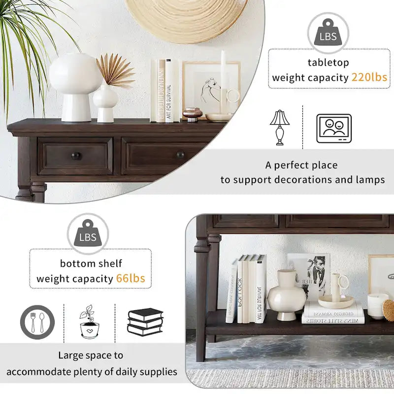 Classic Console Table with 3 Top Drawers and Open Style Bottom Shelf
