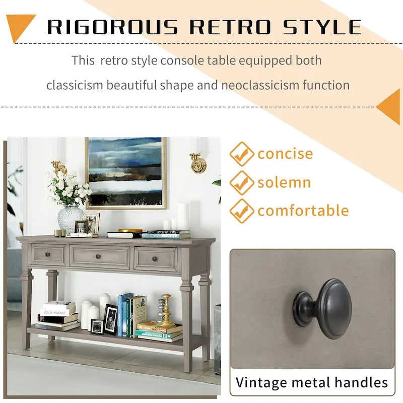 Classic Console Table with 3 Top Drawers and Open Style Bottom Shelf