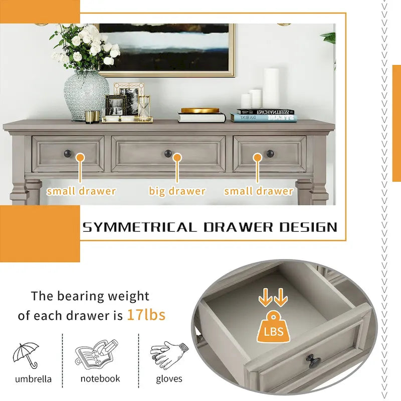 Classic Console Table with 3 Top Drawers and Open Style Bottom Shelf