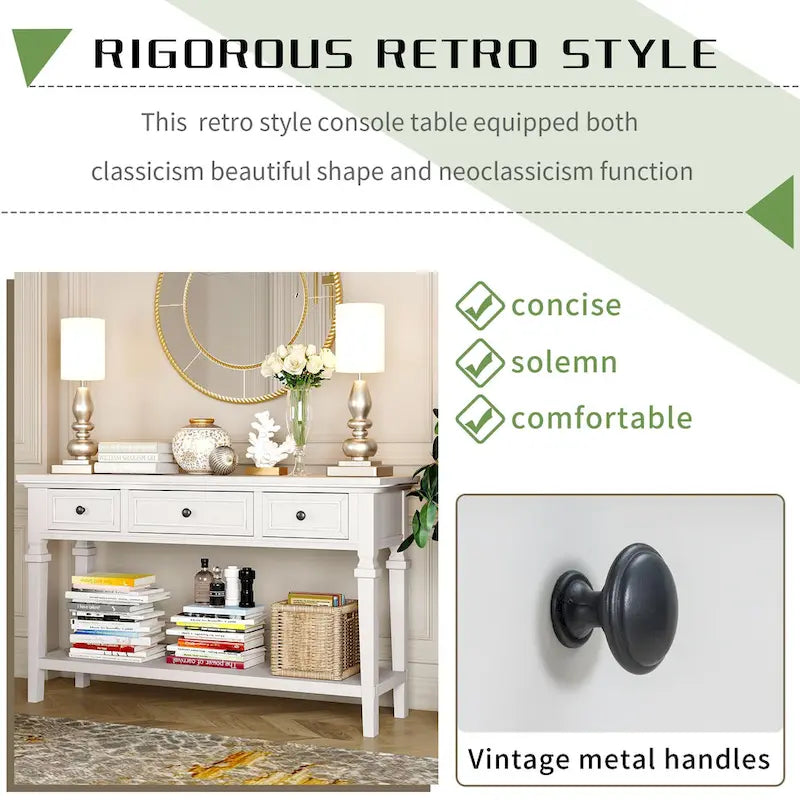 Classic Console Table with 3 Top Drawers and Open Style Bottom Shelf