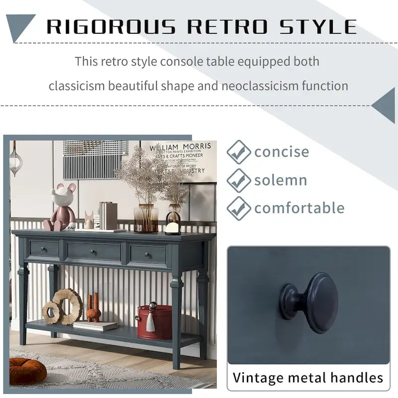 Classic Console Table with 3 Top Drawers and Open Style Bottom Shelf