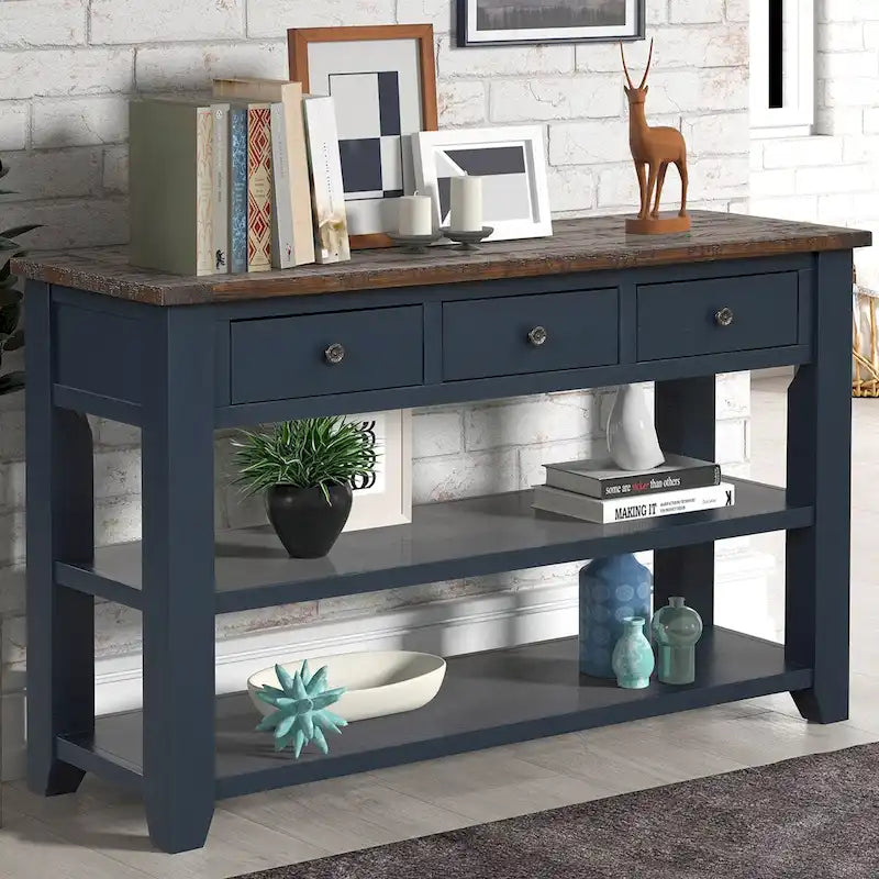 48  Solid Pine Wood Top Console Table with Drawers and Shelve