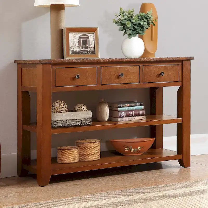 48  Solid Pine Wood Top Console Table with Drawers and Shelve