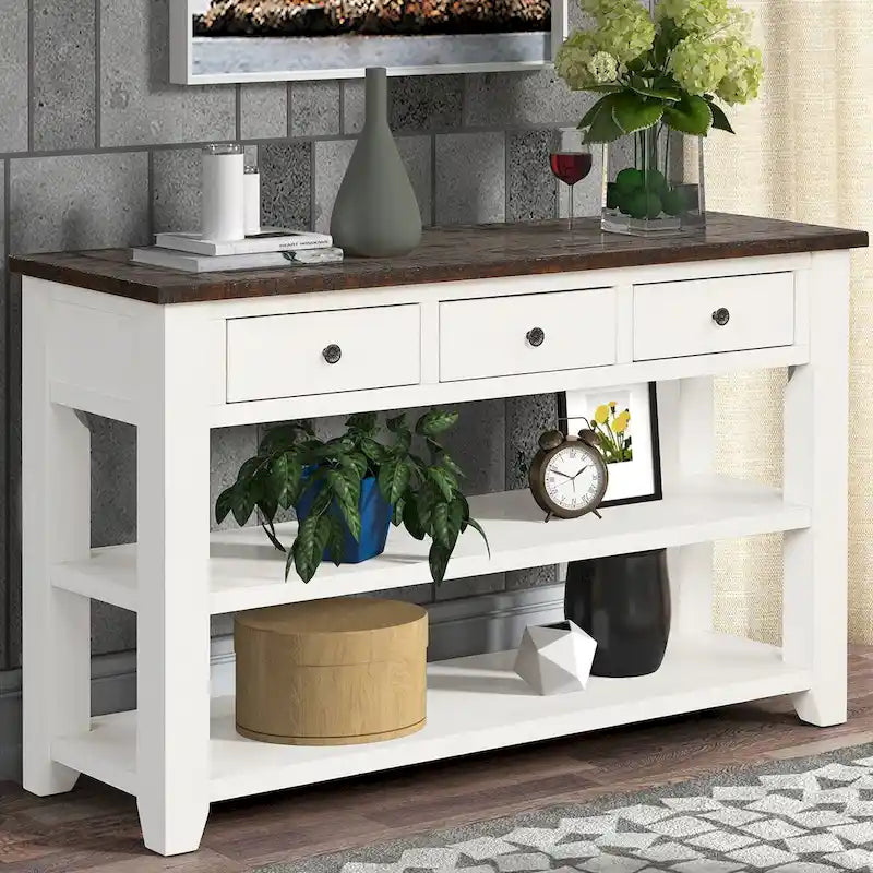48  Solid Pine Wood Top Console Table with Drawers and Shelve