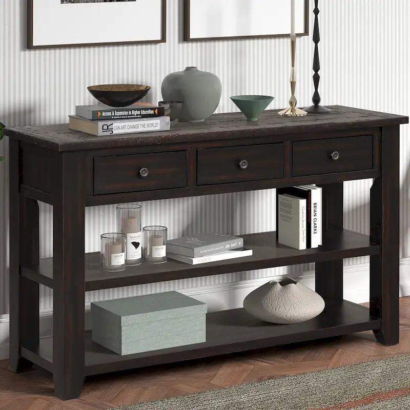 48  Solid Pine Wood Top Console Table with Drawers and Shelve