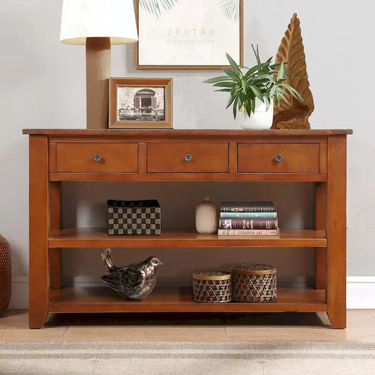 48  Solid Pine Wood Top Console Table with Drawers and Shelve