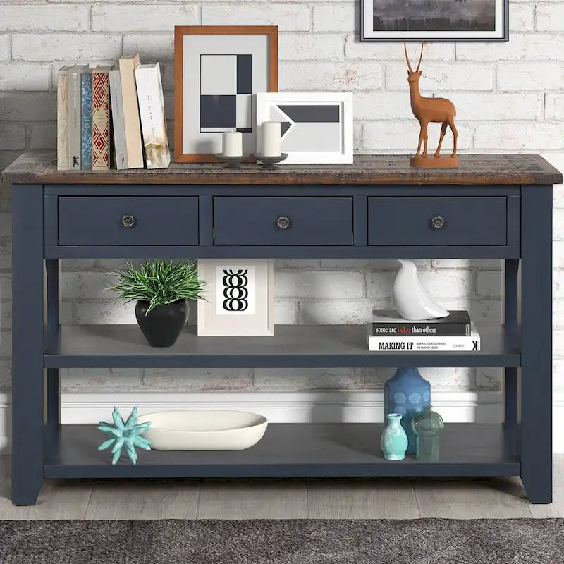 48  Solid Pine Wood Top Console Table with Drawers and Shelve