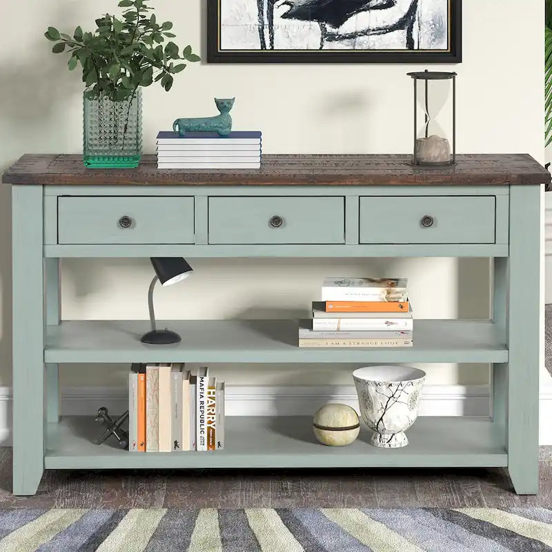 48  Solid Pine Wood Top Console Table with Drawers and Shelve