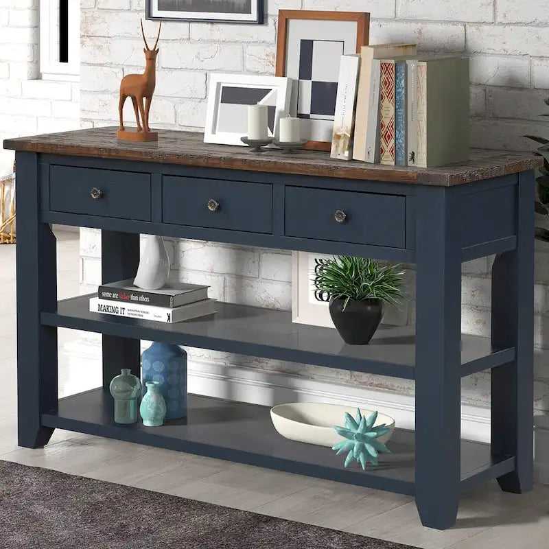 48  Solid Pine Wood Top Console Table with Drawers and Shelve
