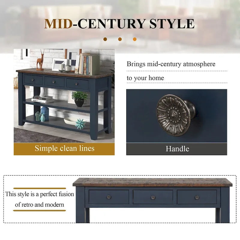 48  Solid Pine Wood Top Console Table with Drawers and Shelve