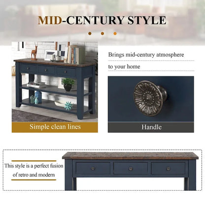 48  Solid Pine Wood Top Console Table with Drawers and Shelve
