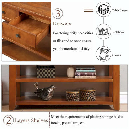 48  Solid Pine Wood Top Console Table with Drawers and Shelve