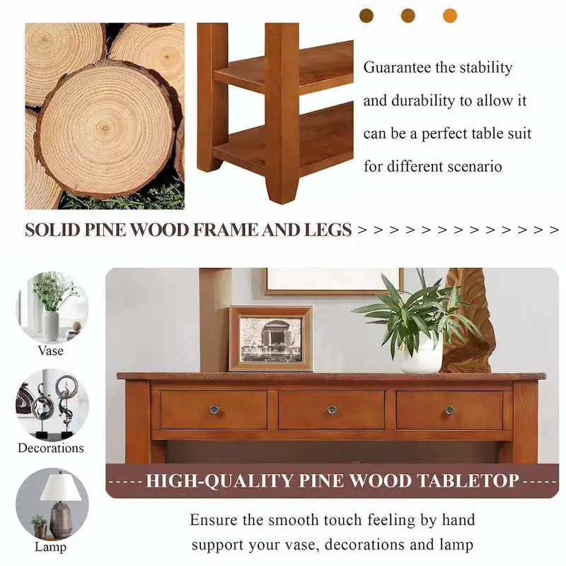48  Solid Pine Wood Top Console Table with Drawers and Shelve