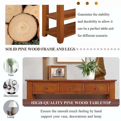 48  Solid Pine Wood Top Console Table with Drawers and Shelve