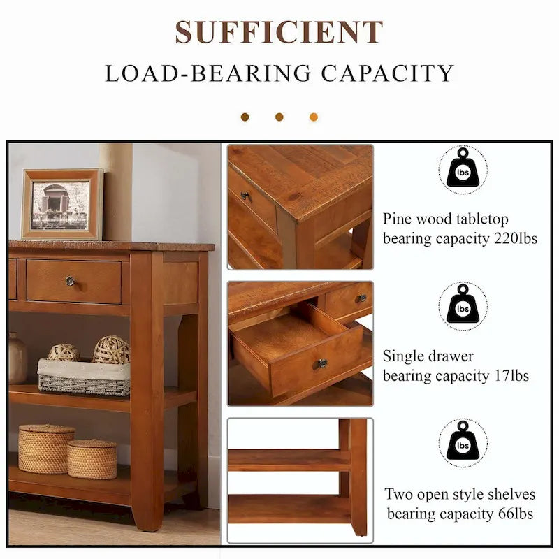 48  Solid Pine Wood Top Console Table with Drawers and Shelve
