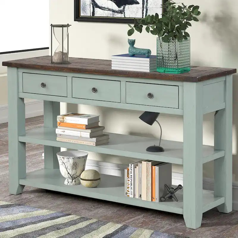 48  Solid Pine Wood Top Console Table with Drawers and Shelve