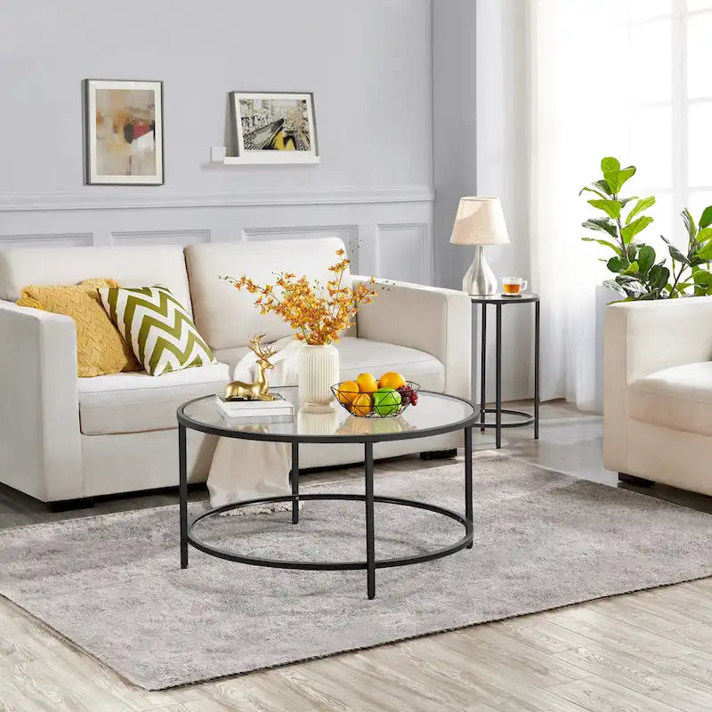 Yaheetech Round Coffee Table Glass-Top Sofa Table for Living Room ...
