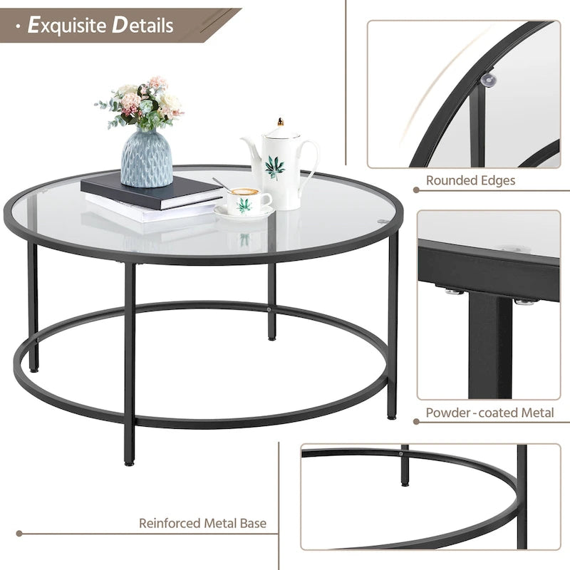 Yaheetech Round Coffee Table Glass-Top Sofa Table for Living Room ...