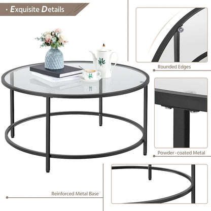Yaheetech Round Coffee Table Glass-Top Sofa Table for Living Room
