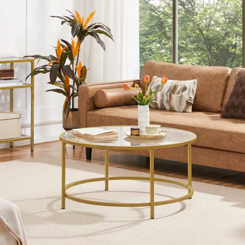 Yaheetech Round Coffee Table Glass-Top Sofa Table for Living Room
