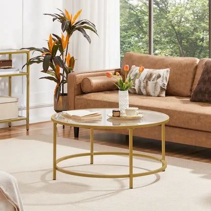 Yaheetech Round Coffee Table Glass-Top Sofa Table for Living Room