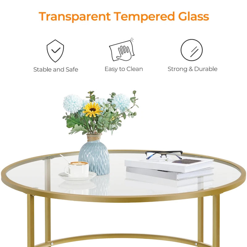 Yaheetech Round Coffee Table Glass-Top Sofa Table for Living Room