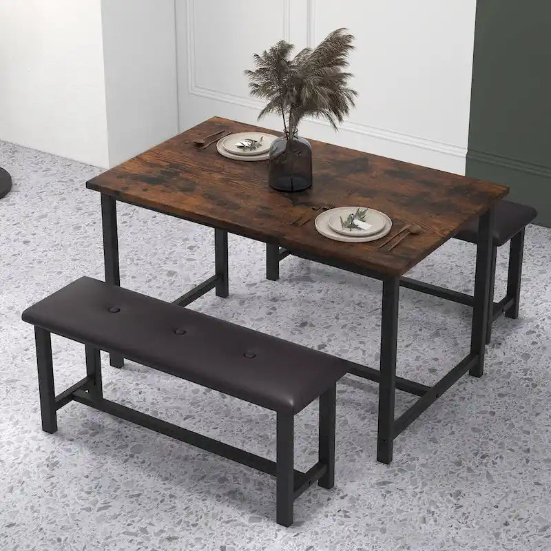 Rectangular Dining Table Set for 4 People with 2 Upholstered Benches