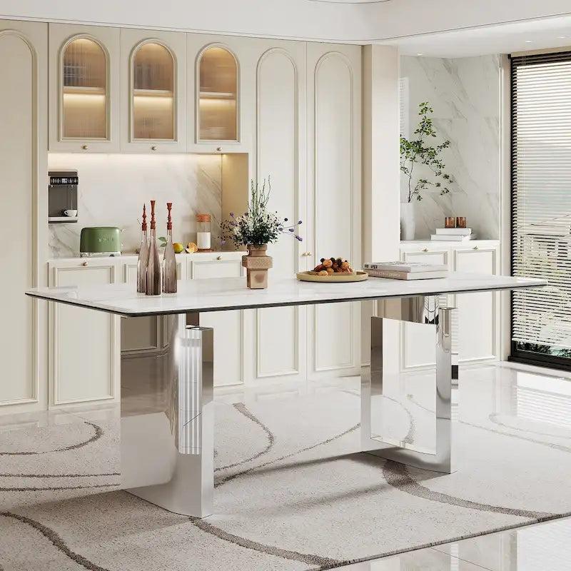 0.47  Thick Sintered Stone Composite Tempered Glass Top Rectangular Dining Table with Stainless Steel Base