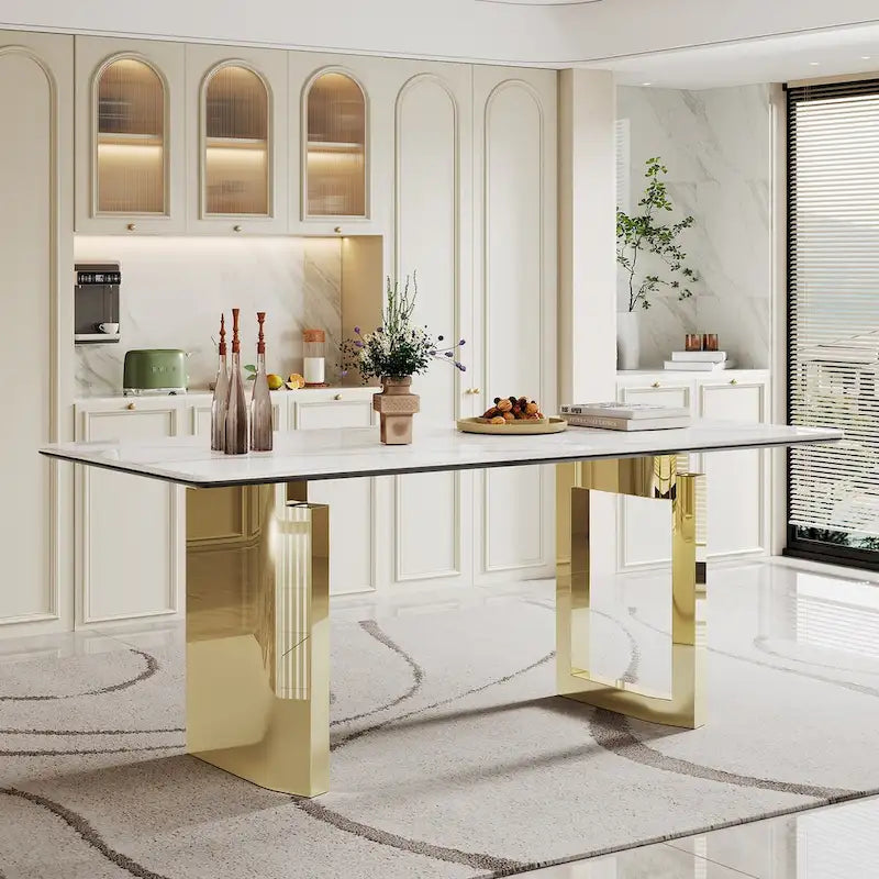 0.47  Thick Sintered Stone Composite Tempered Glass Top Rectangular Dining Table with Stainless Steel Base