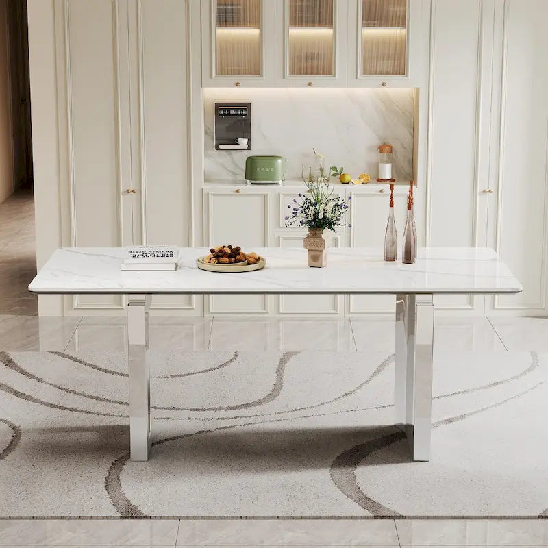 0.47  Thick Sintered Stone Composite Tempered Glass Top Rectangular Dining Table with Stainless Steel Base