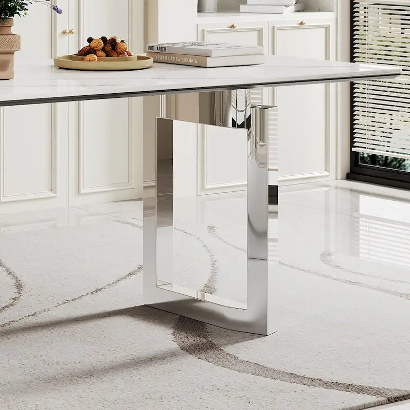 0.47  Thick Sintered Stone Composite Tempered Glass Top Rectangular Dining Table with Stainless Steel Base