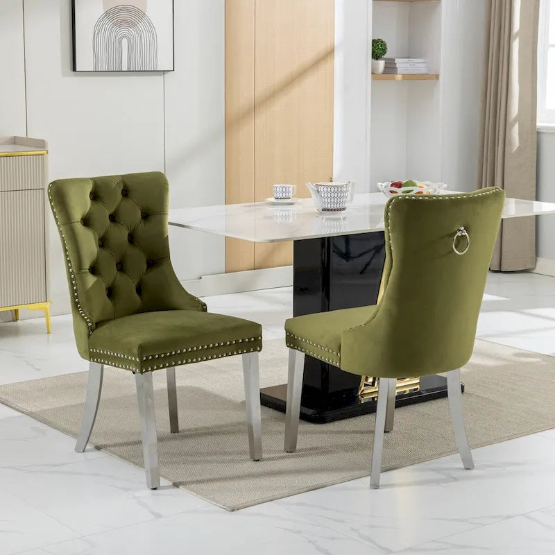 Set of 2 Velvet Dining Chairs with Nailhead Trim and Chrome-Plated Stainless Steel Legs