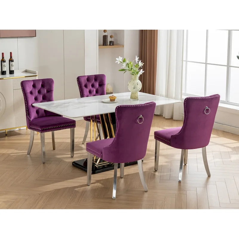 Set of 2 Velvet Dining Chairs with Nailhead Trim and Chrome-Plated Stainless Steel Legs