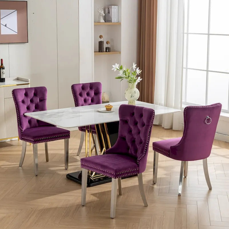 Set of 2 Velvet Dining Chairs with Nailhead Trim and Chrome-Plated Stainless Steel Legs